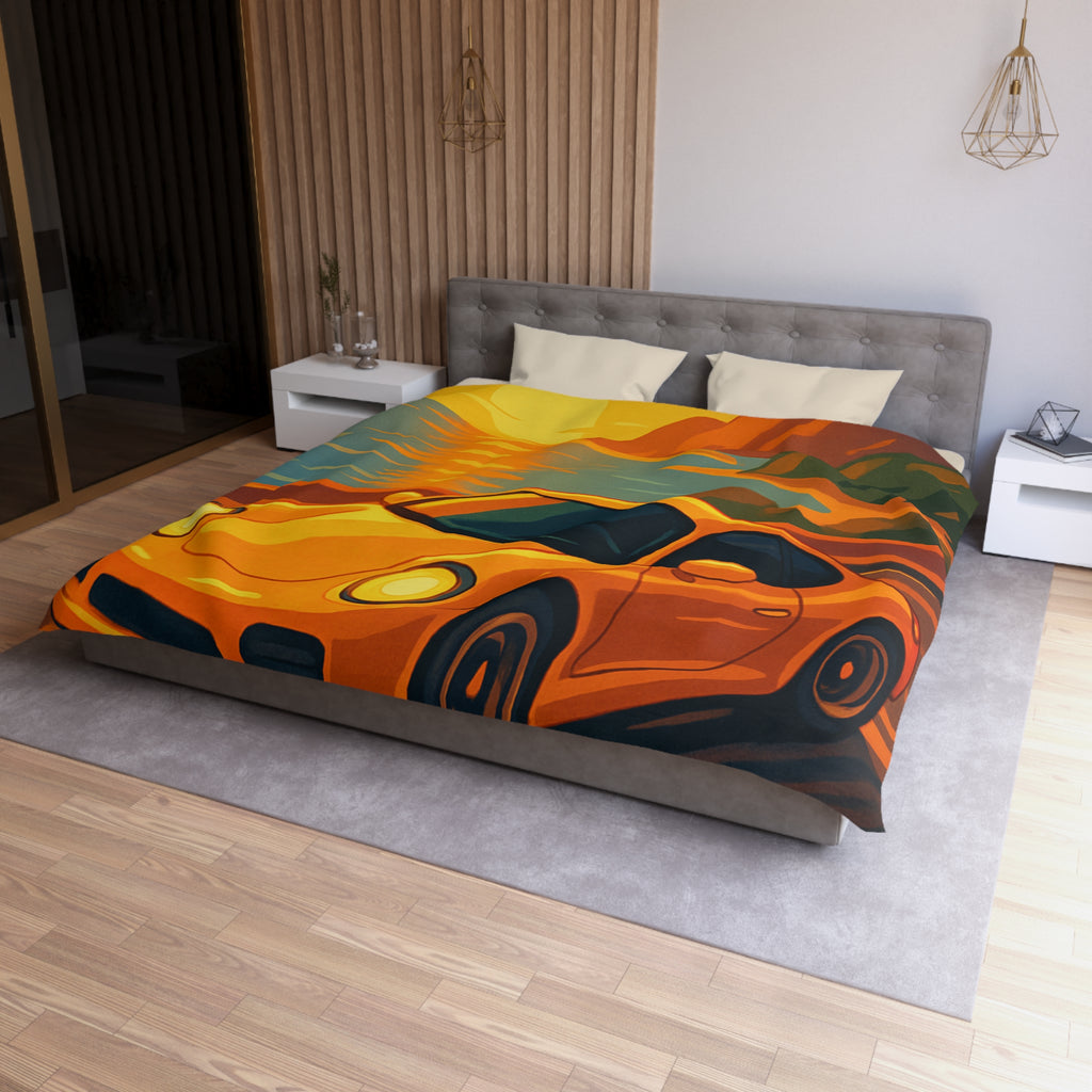 Housse de couette voiture sportive orange route côtière coucher de soleil paysage vibrant