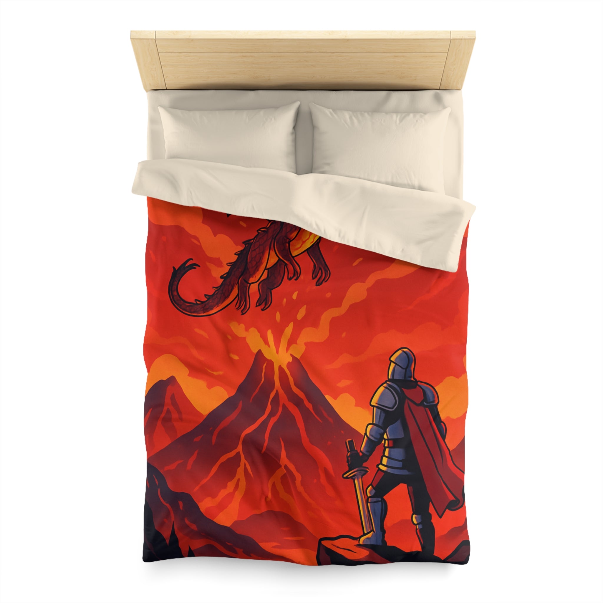Imposant dragon rouge volant sur volcan en fusion, chevalier en armure contemplatif
