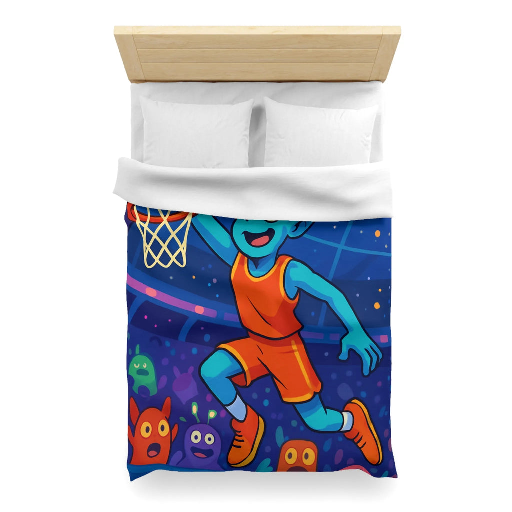 Housse de couette extraterrestre avec joueur de basket sous ciel planétaire coloré et vibrant