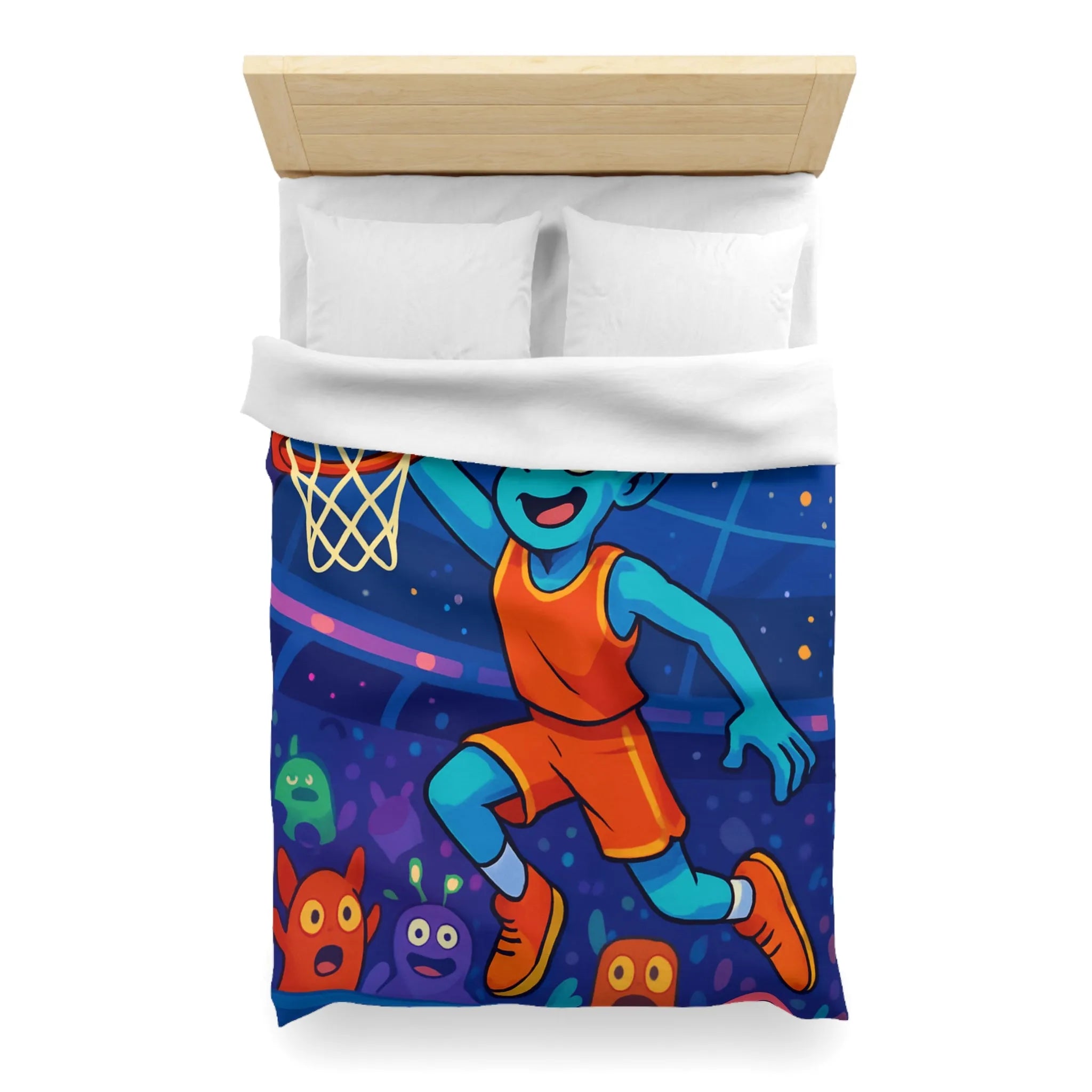 Housse de couette extraterrestre avec joueur de basket sous ciel planétaire coloré et vibrant