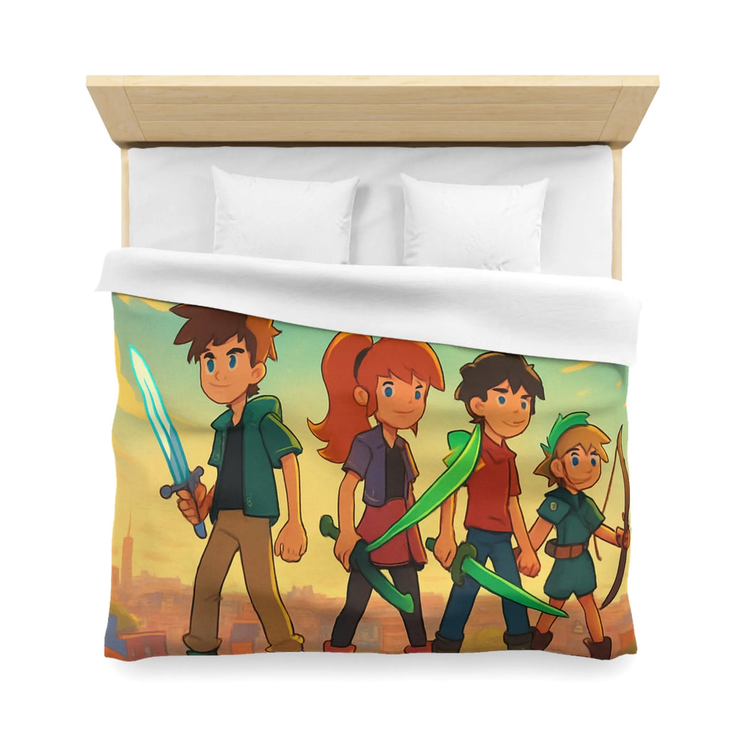 Housse de couette colorée avec quatre héros et ciel étoilé multicolore