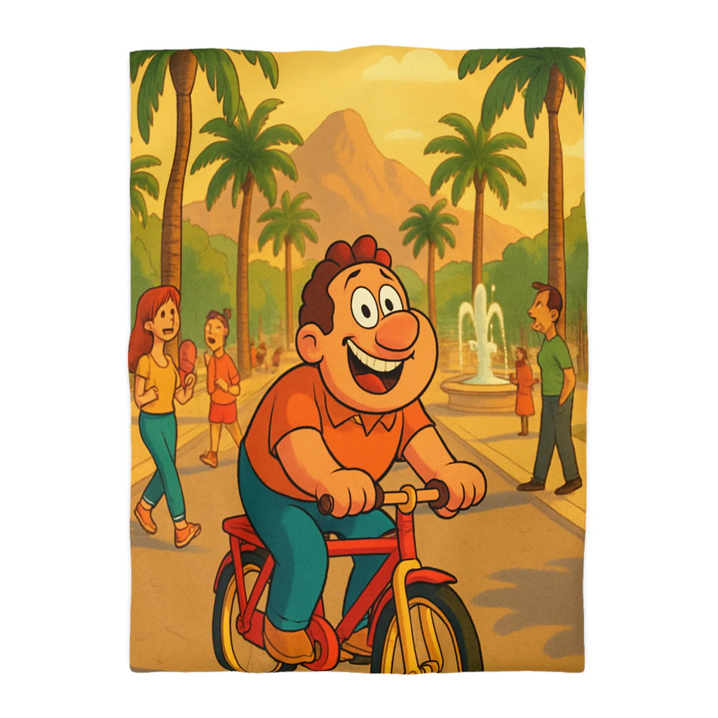 Housse de Couette Cartoon Joyeuse avec Cycliste dans un Parc Tropical et Fontaine