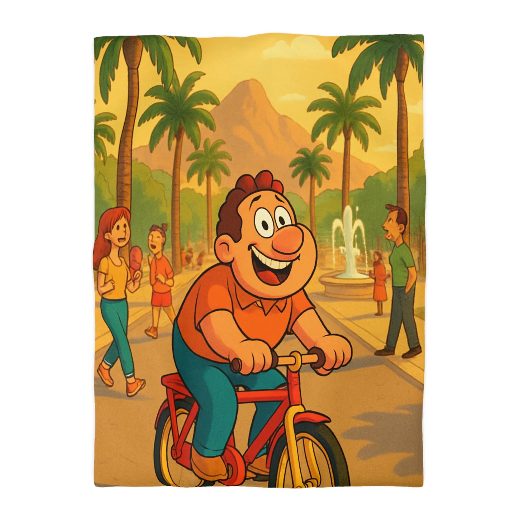 Housse de Couette Cartoon Joyeuse avec Cycliste dans un Parc Tropical et Fontaine