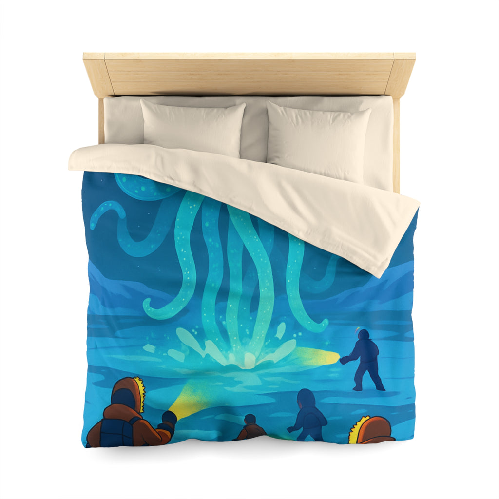 Nuit polaire avec pieuvre géante luminescente sous ciel étoilé et aventuriers en doudoune