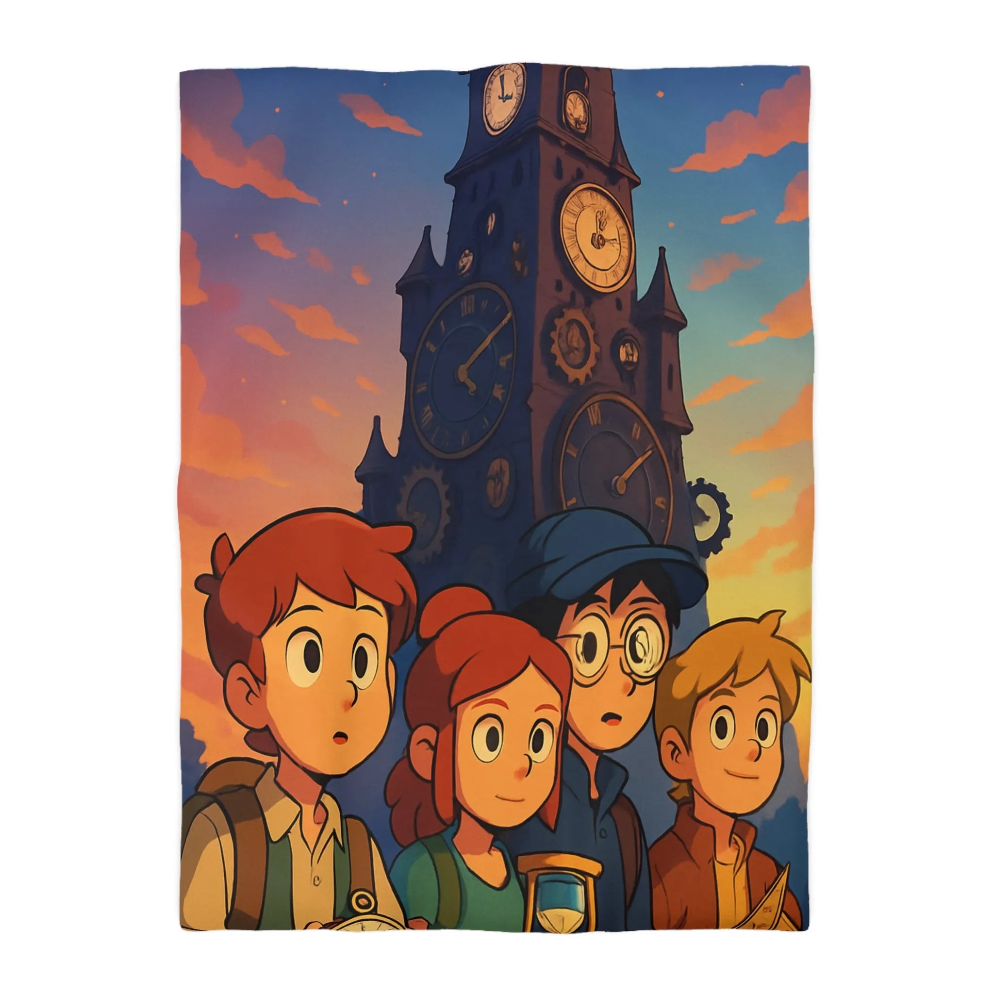 Housse de couette illustrée aventure jeunesse horloges coucher de soleil style animé vibrant