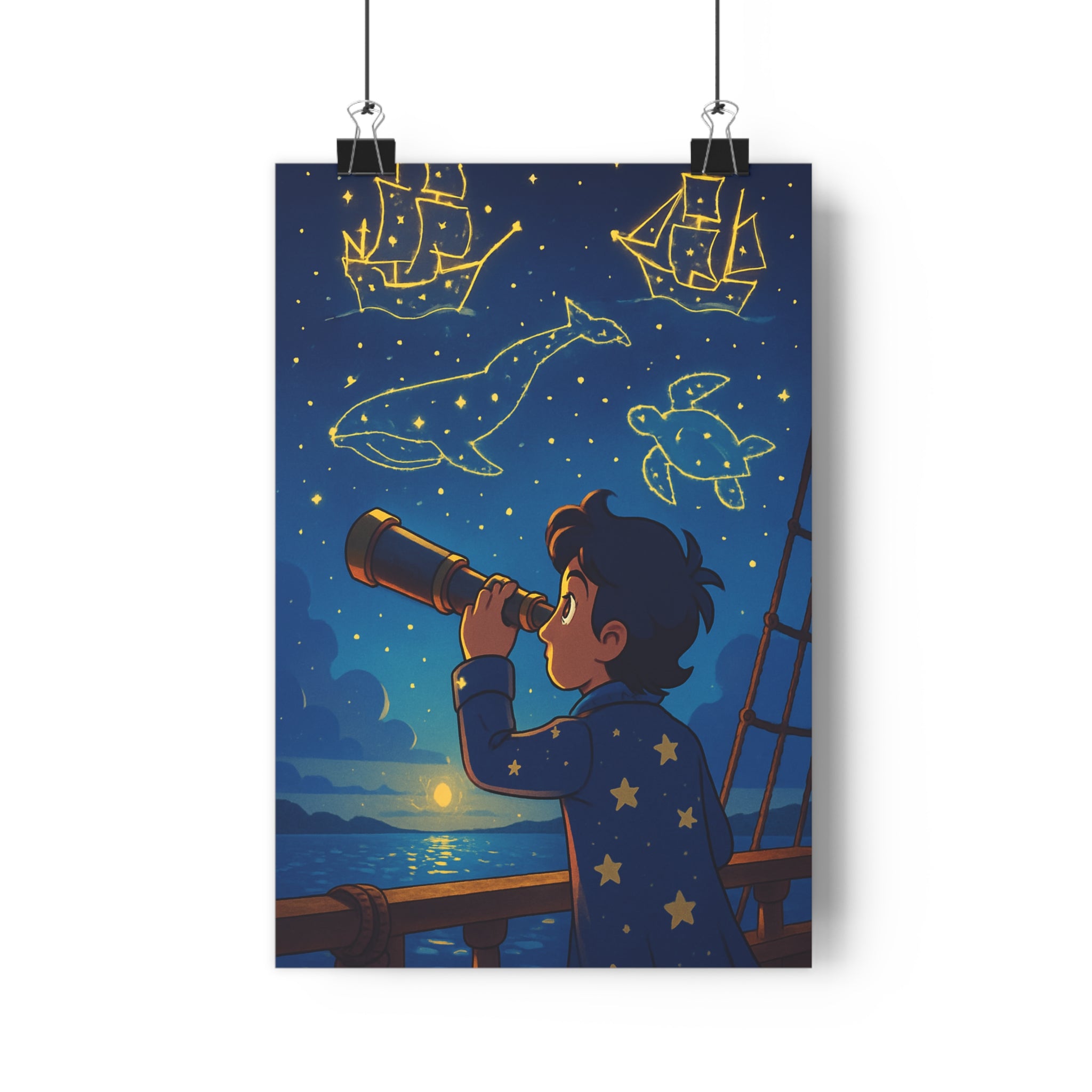 Poster décoratif rêveur bleu doré aventure mystique chambre salon bureau illustration constellation format 30x46