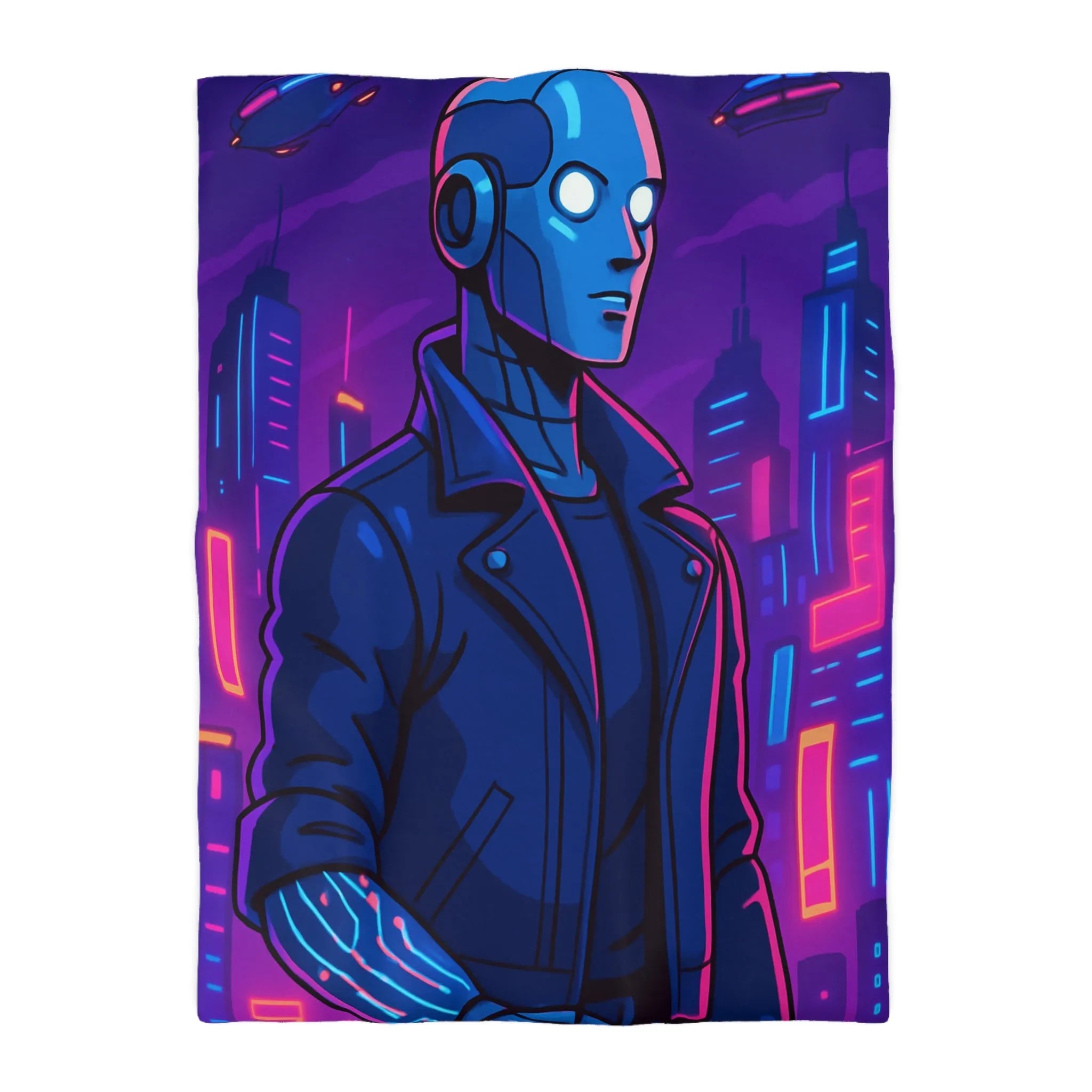 Housse de couette bleu nuit motif rétro-futuriste avec robot et gratte-ciel néon