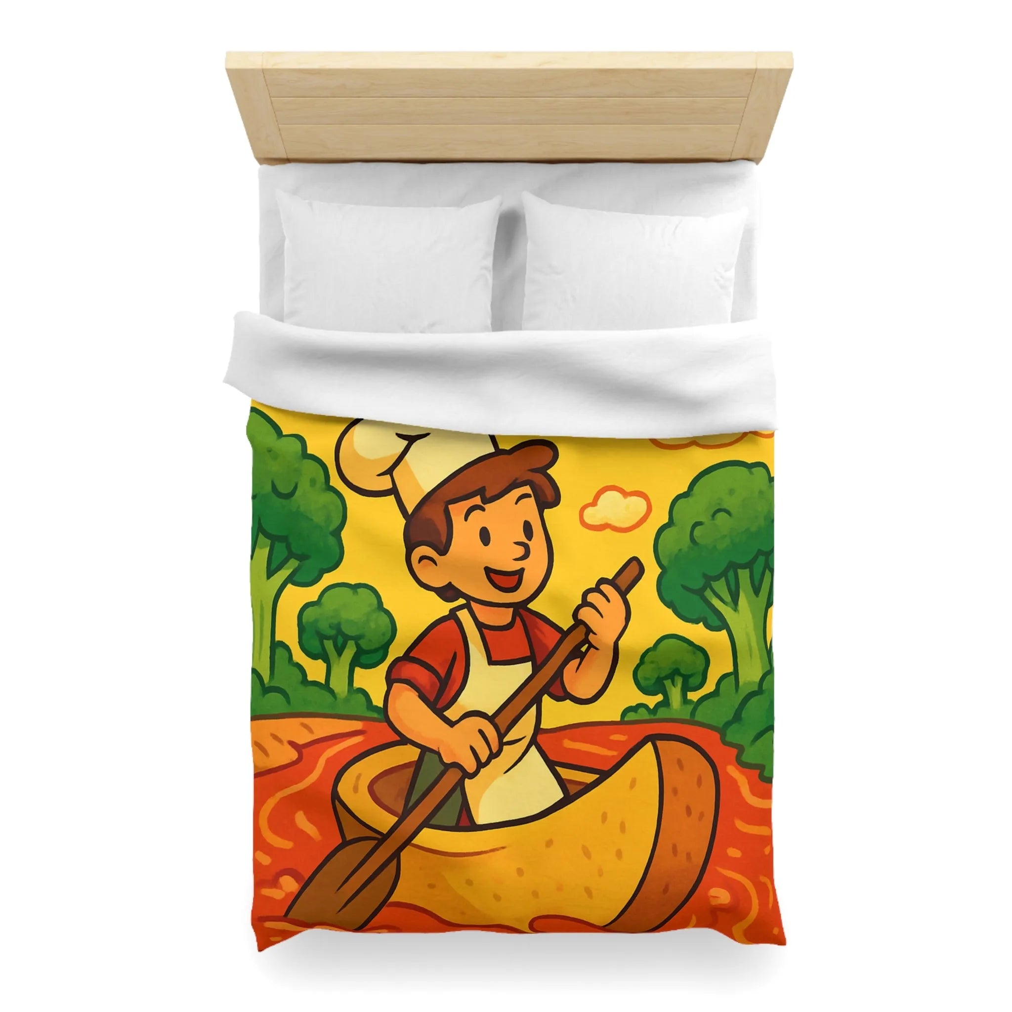 Housse de Couette Chef Enfant Naviguant en Barque sur Rivière Orange Ludique et Colorée