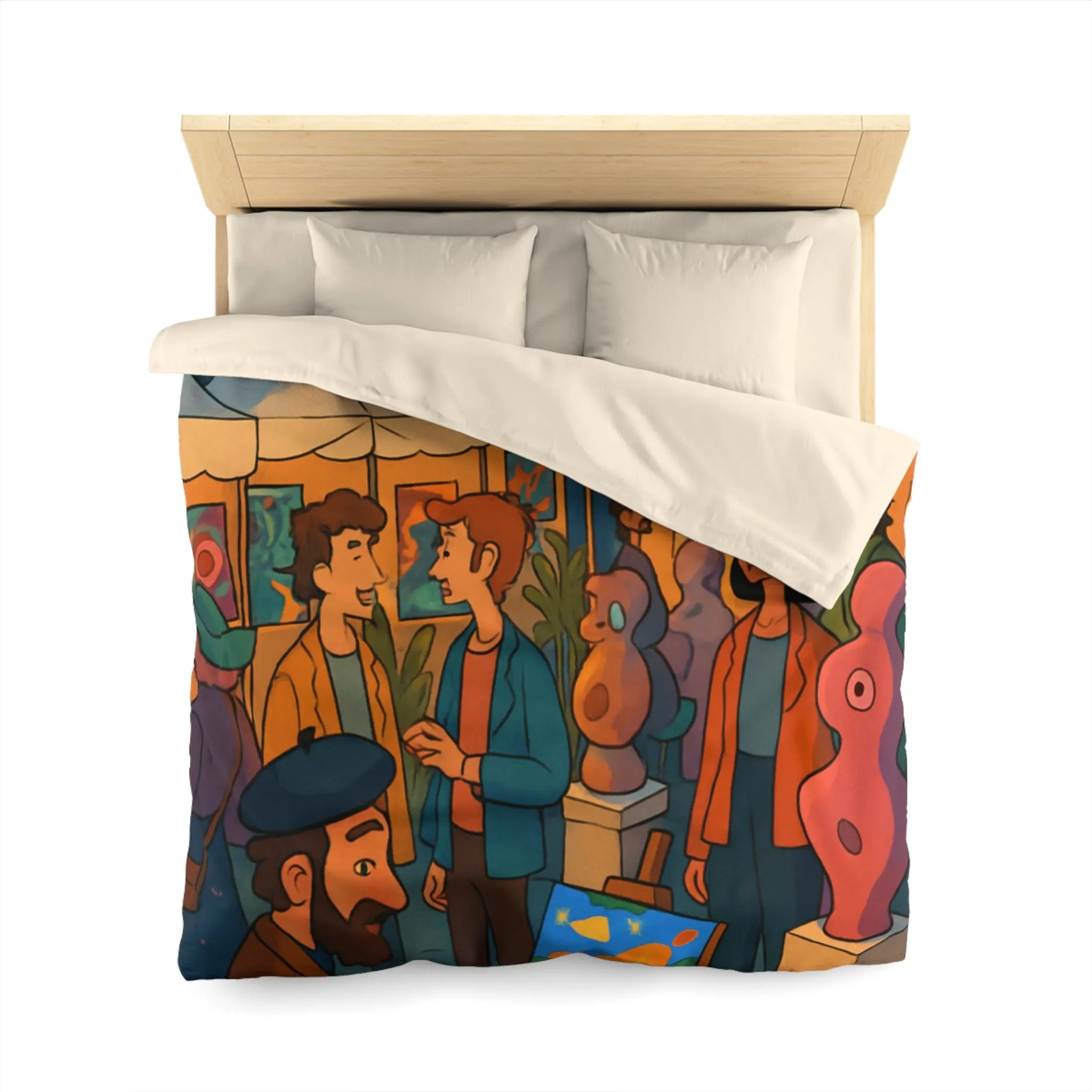 Housse de couette avec scène de marché nocturne animé et sculptures colorées