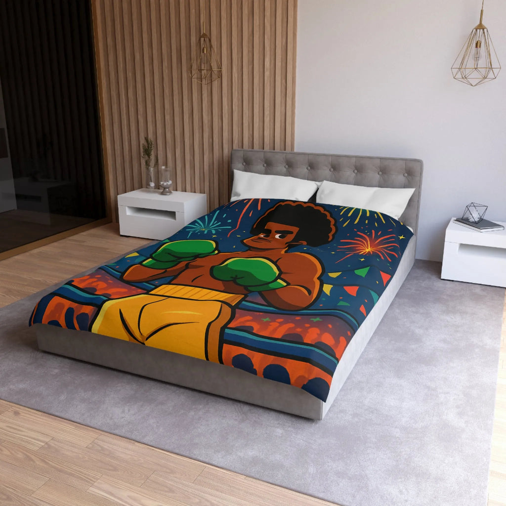 Housse de couette colorée avec boxeur et feux d'artifice pour chambre moderne et vibrante