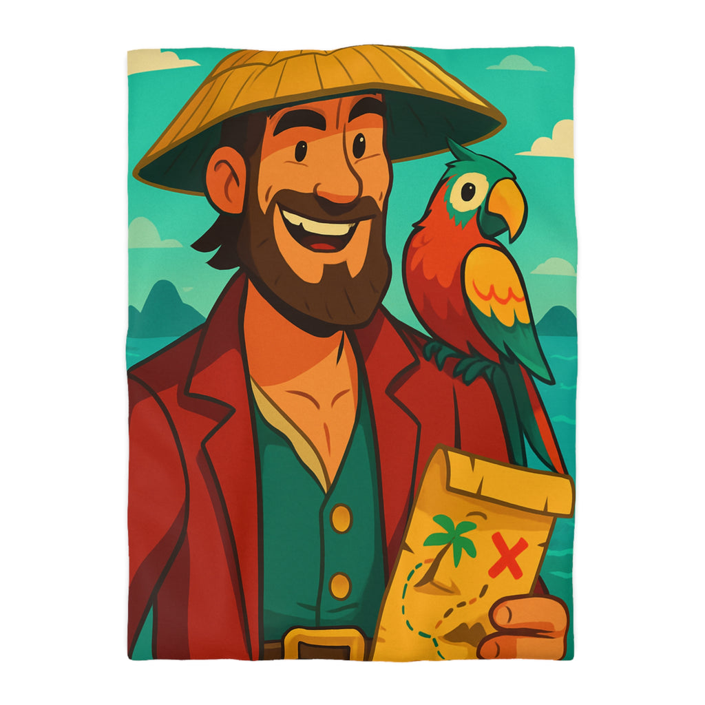 Housse de couette pirate aventurier avec perroquet coloré et carte au trésor illustrée