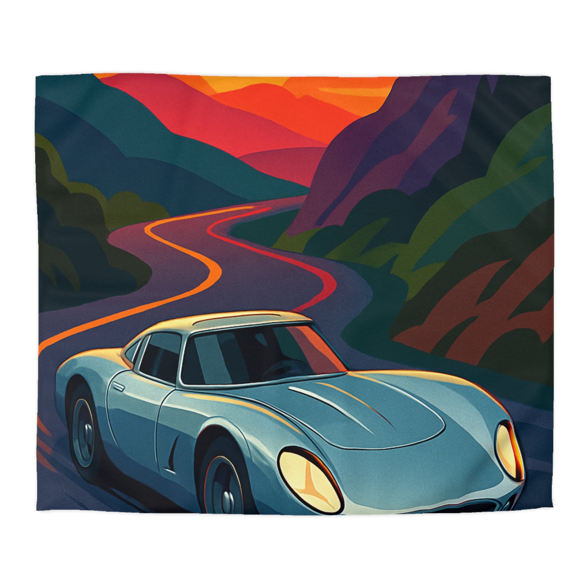 Housse de couette voiture sportive vintage sur route sinueuse au coucher de soleil vibrant