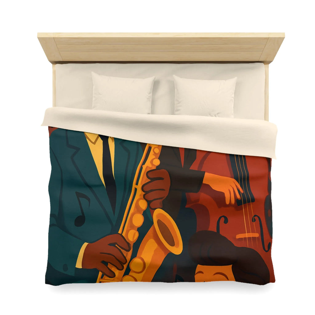 Housse de couette jazz rétro avec musiciens passionnés jouant du saxophone et contrebasse