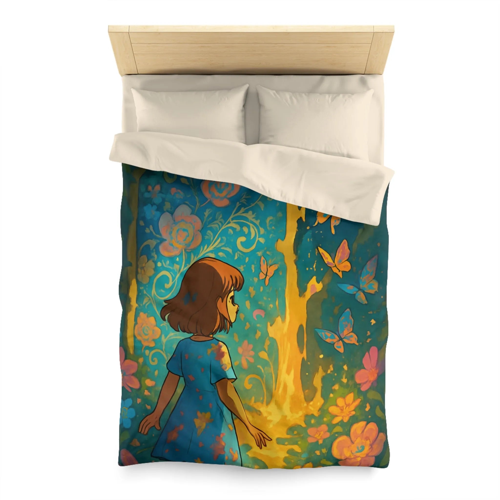 Housse de Couette Enfantine Féerique avec Papillons et Fleurs, Tons Vifs et Lumineux