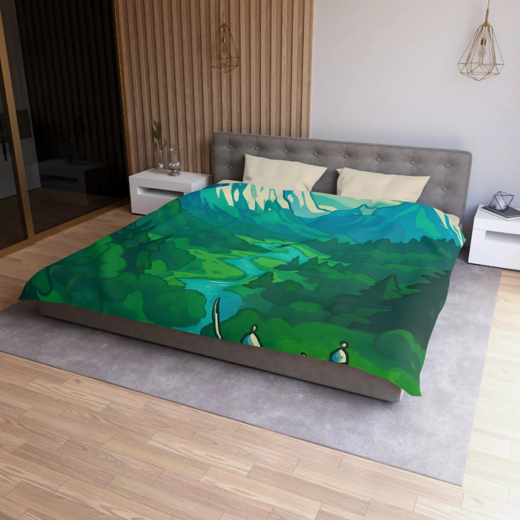 Housse de couette médiévale illustrée avec chevaliers et dragon dans paysage montagneux épique