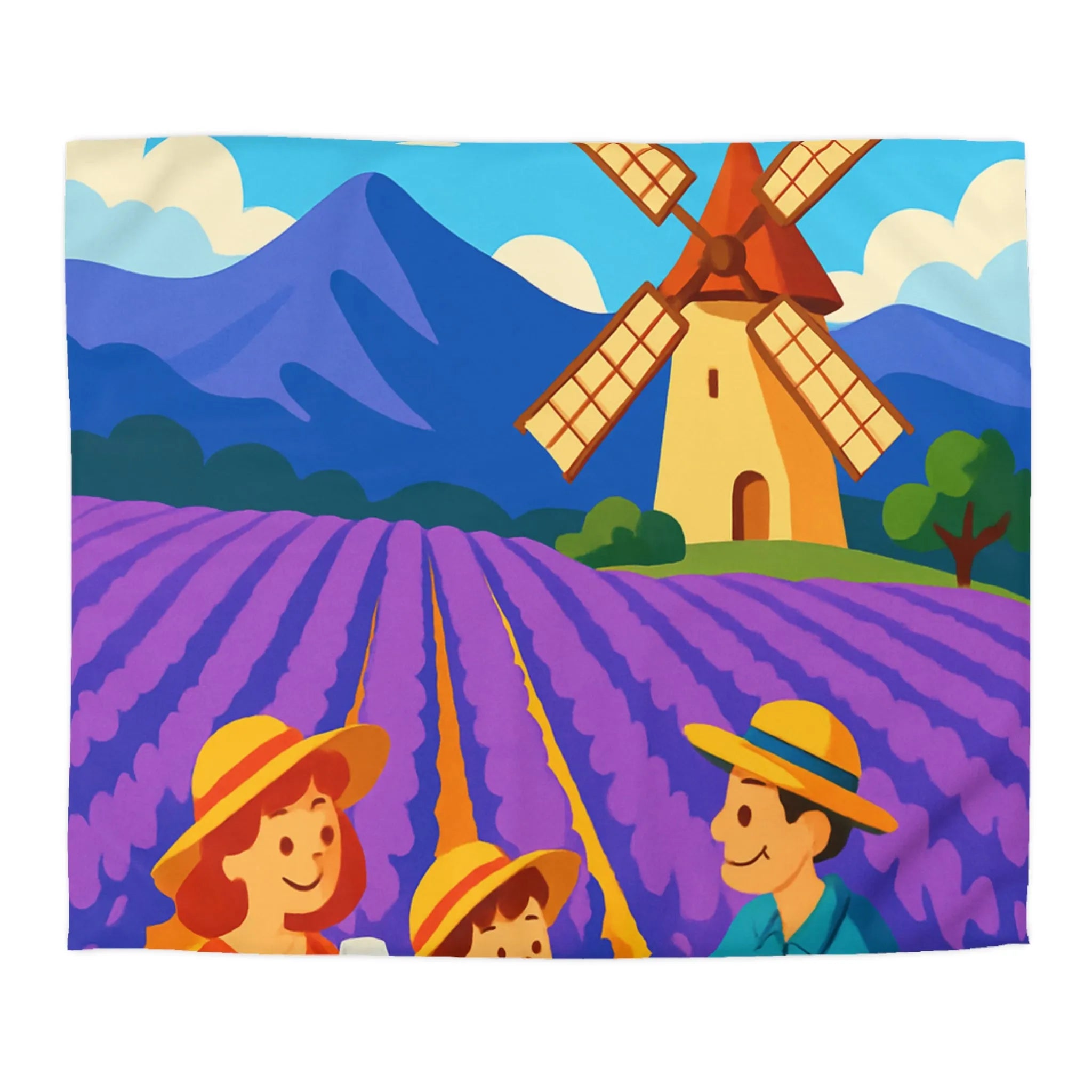 Housse de Couette Illustrée Scène de Pique-Nique en Provence avec Moulin à Vent