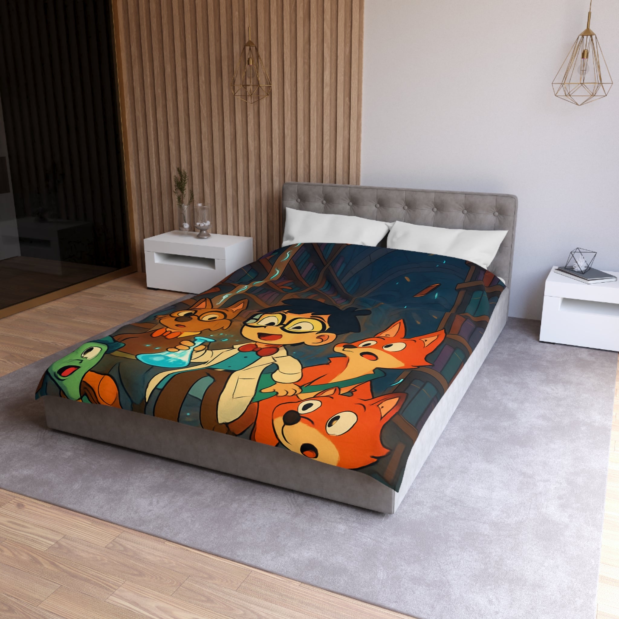 Housse de couette pour enfants avec dessin animé de bibliothèque magique et animaux curieux