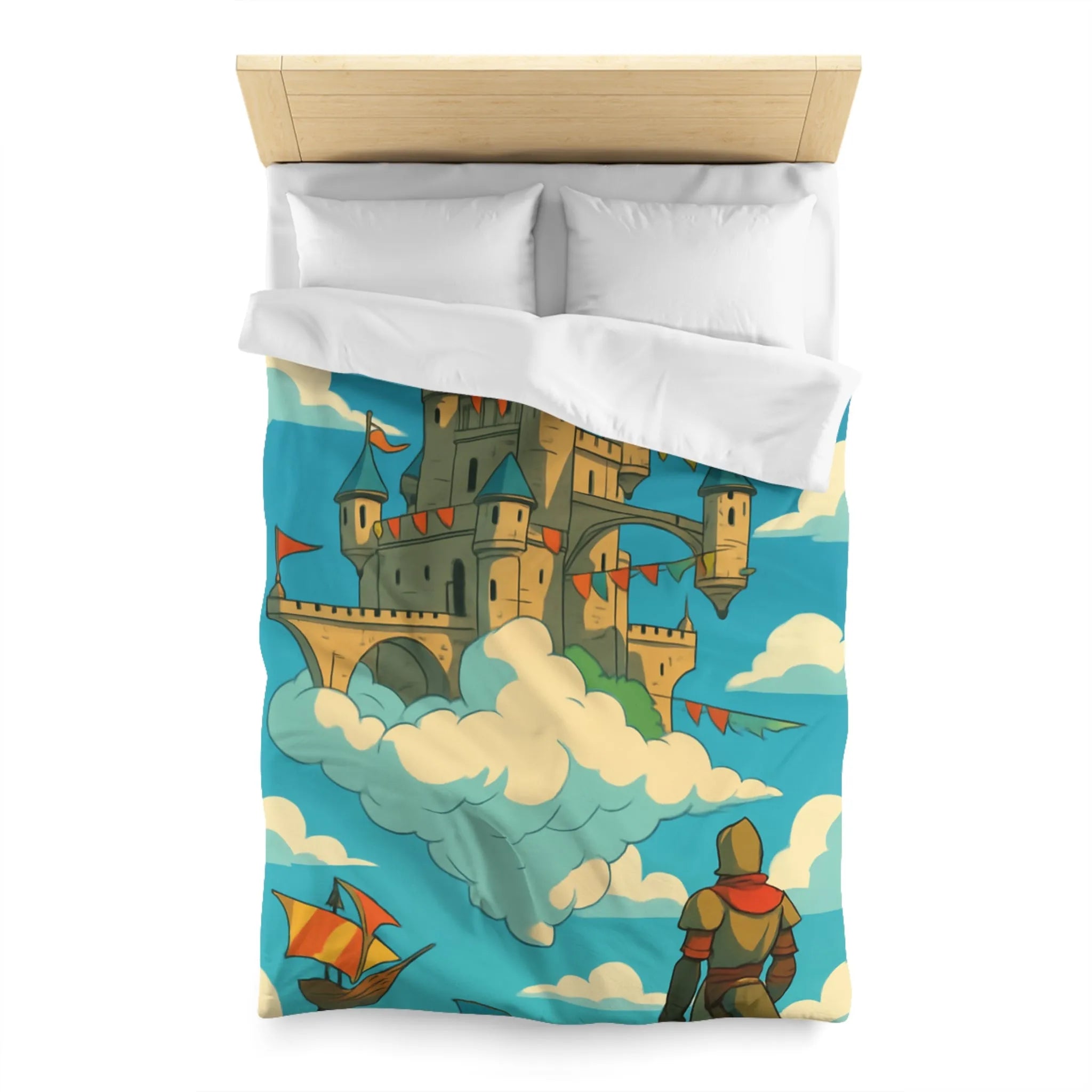 Housse de couette avec château flottant dans le ciel, style fantaisie aventure.