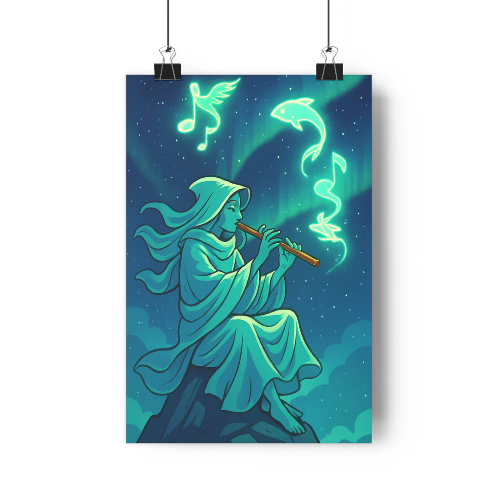 Poster décoratif mystique anime bleu vert salon chambre sérénité élégance musique artistique flûte étoiles