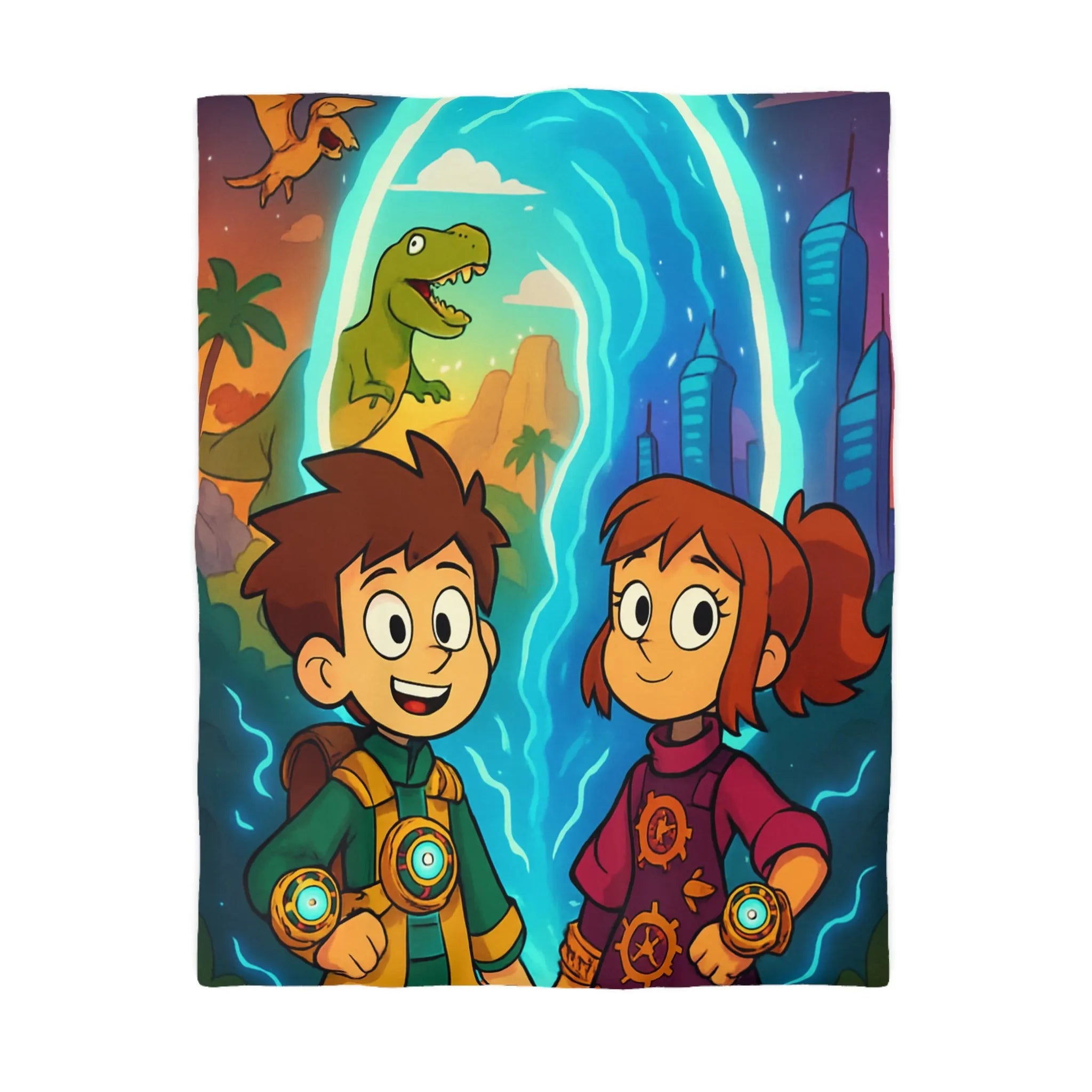 Housse de couette enfants avec illustrations dinosaures et voyage dans le temps passionnant