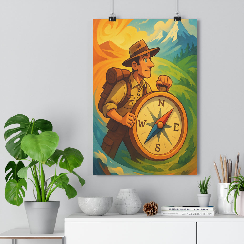 Poster décoratif aventure cartoon jaune orange chambre enfant bureau montagne explorateur 30x46 vibrant dynamique