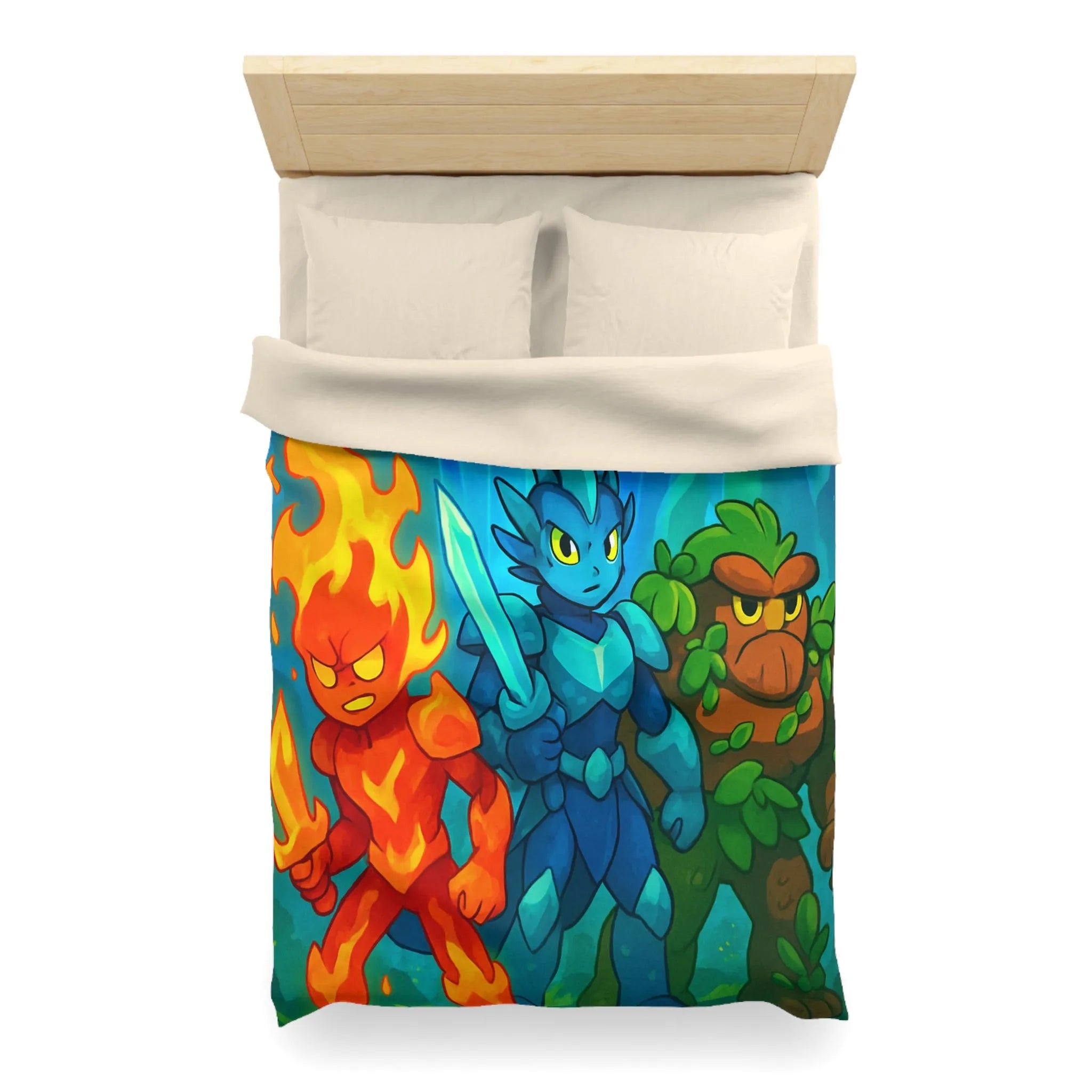 Housse de couette avec personnages élémentaires : feu, glace et terre, ambiance fantastique