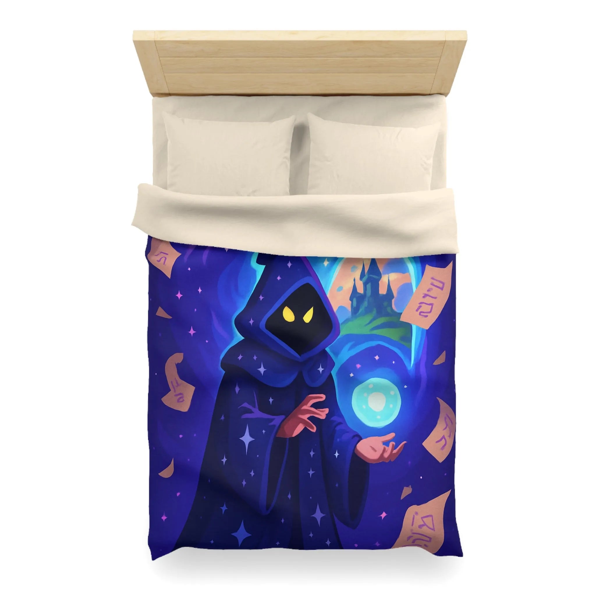 Housse de couette magique bleu nuit avec sorcier et château fantastique étoilé mystérieux