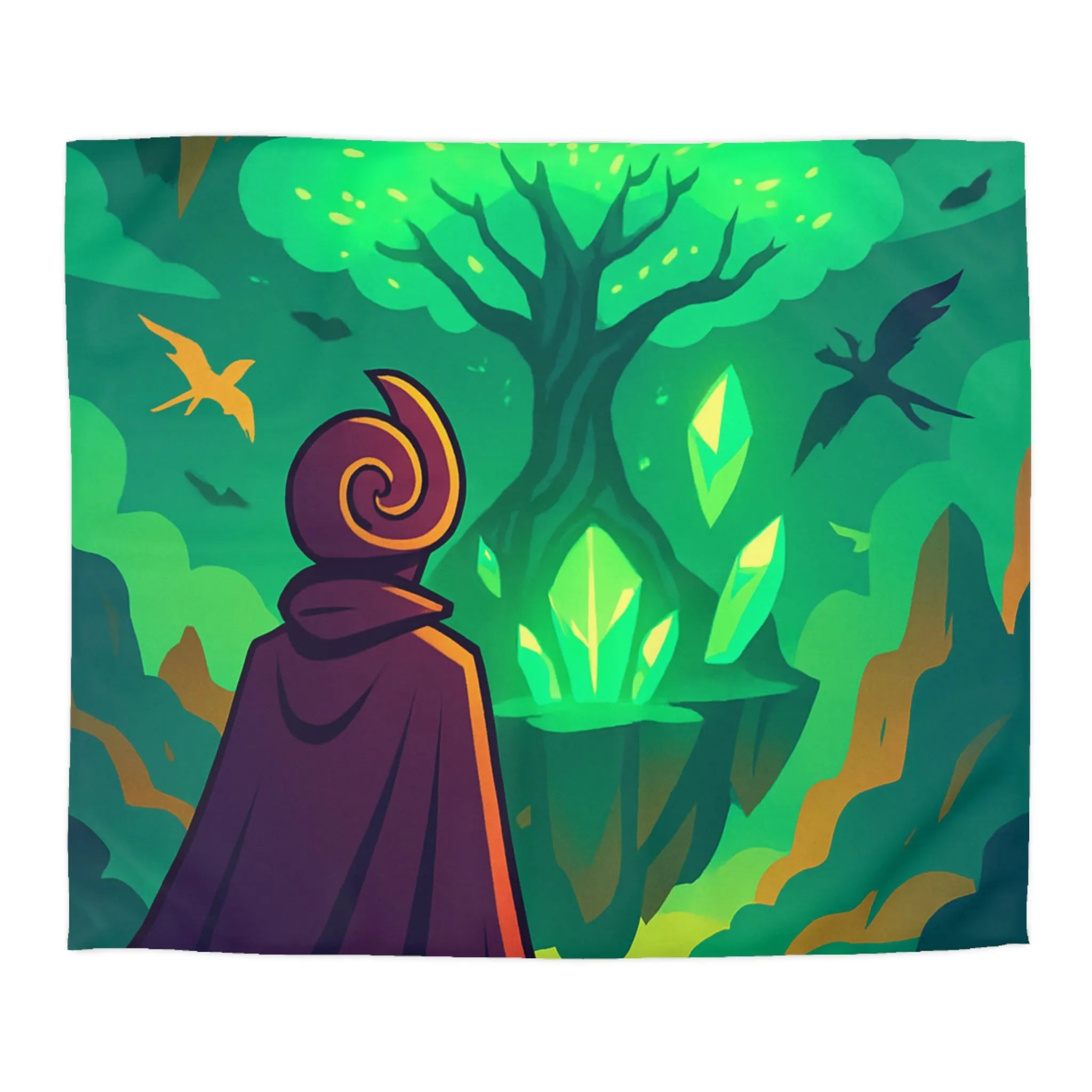 Housse de couette magique avec arbre brillant flottant, créatures volantes et paysages féeriques