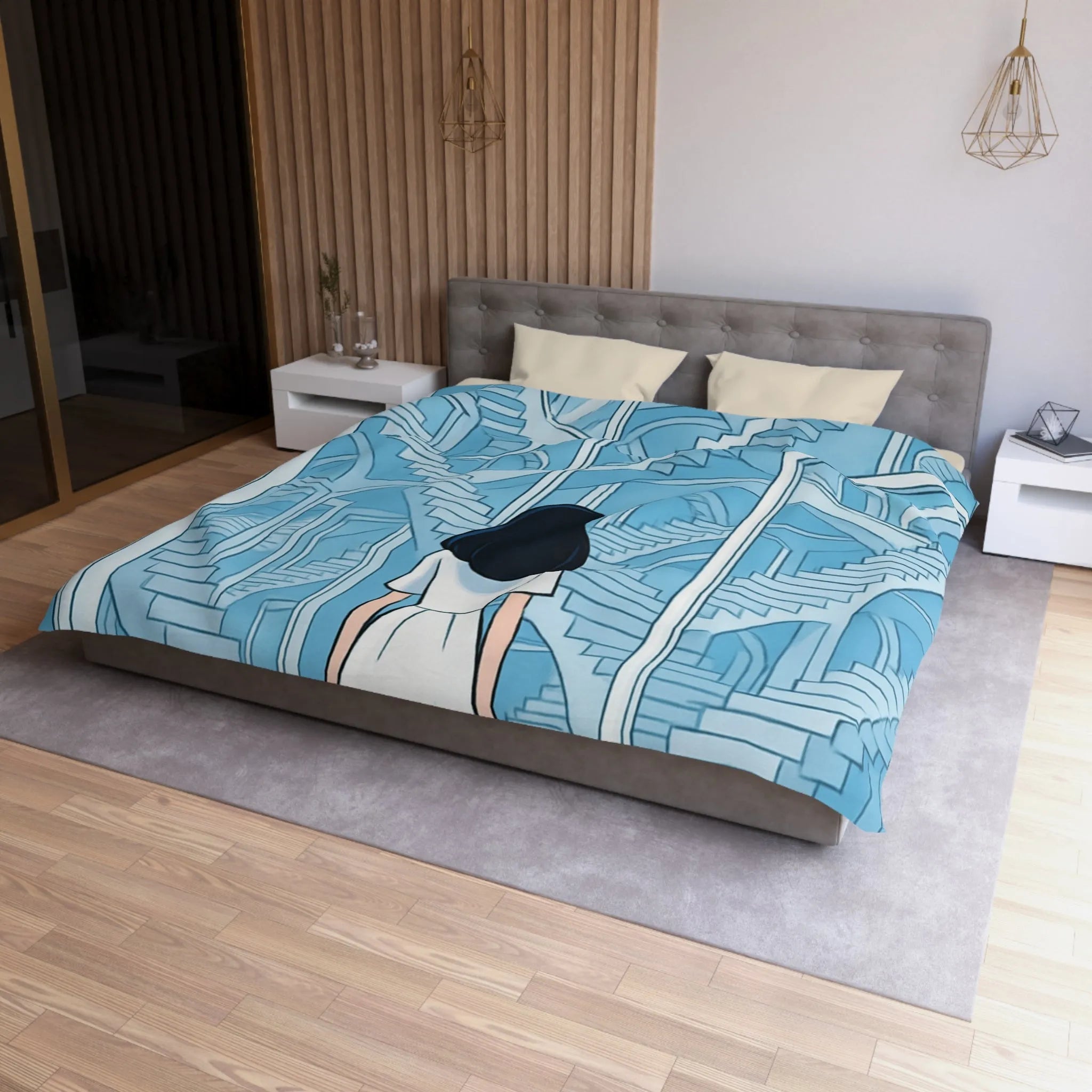 Housse de couette escalier infini en bleu avec femme en robe blanche contemporaine