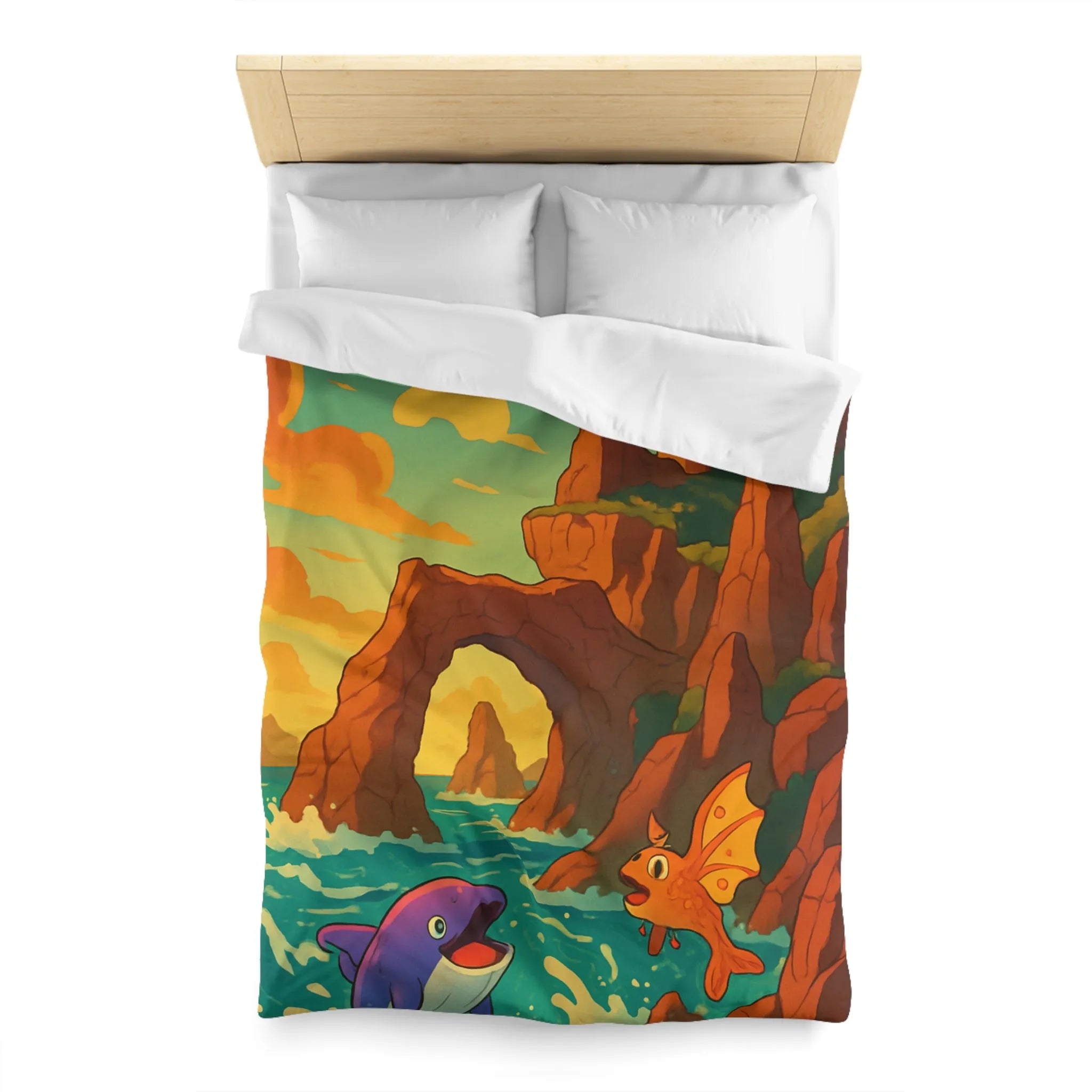 Fantastique peinture de poissons et dauphin avec phare sur fond de mer colorée