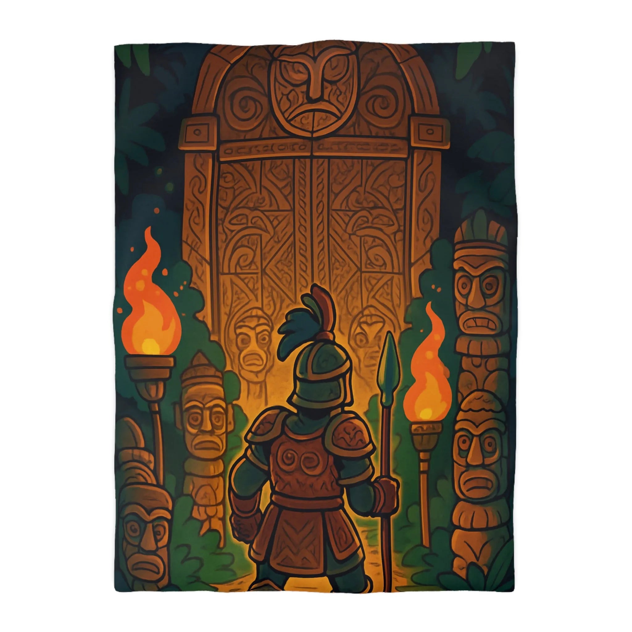 Housse de couette guerrier devant porte mystique avec torches et statues anciennes