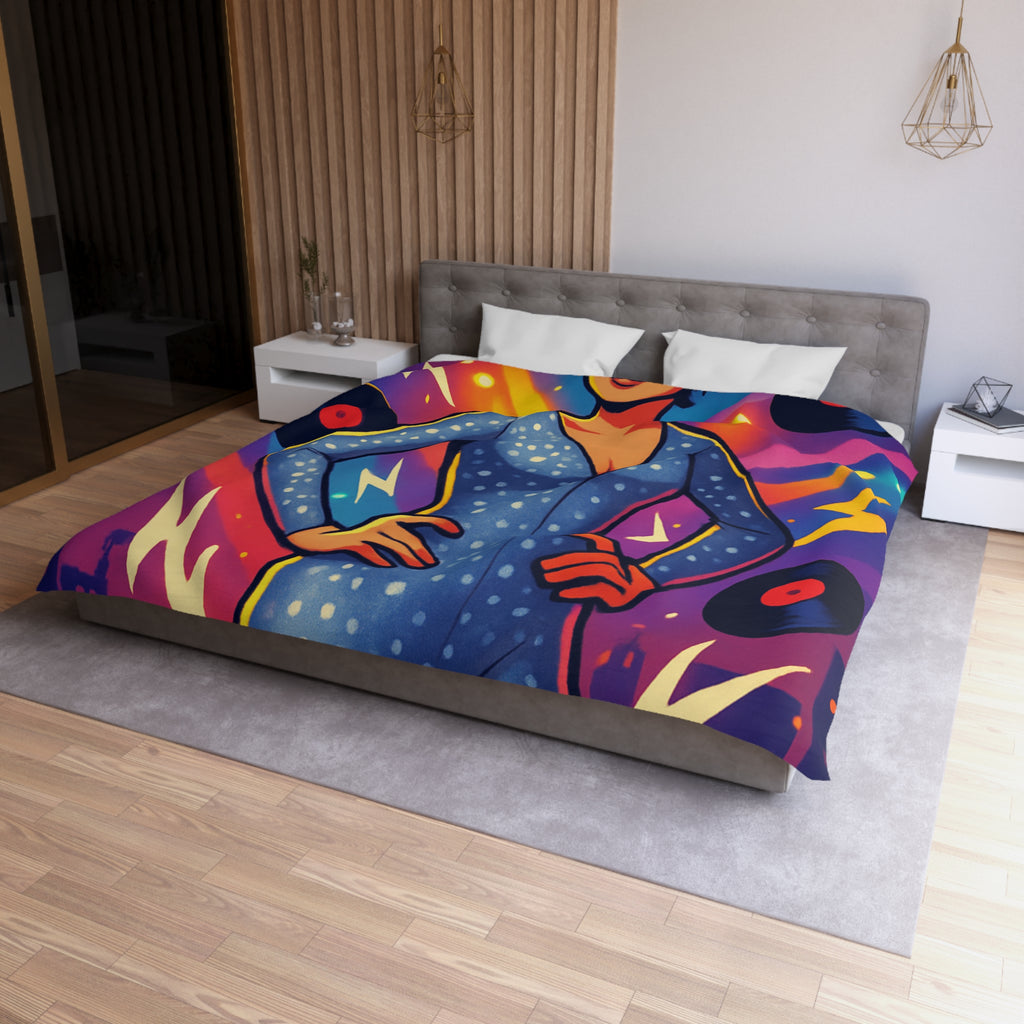 Housse de Couette Thématique Musique Vintage avec Femme dans Combinaison Étoilée Scintillante