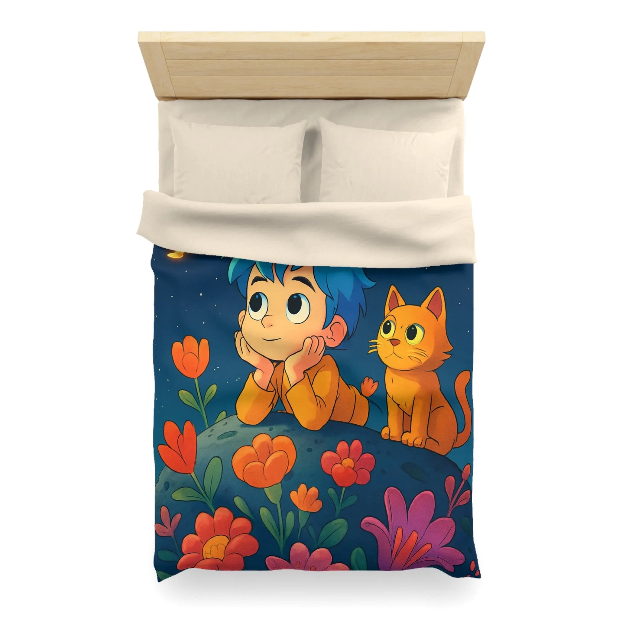 Housse de Couette Enfant Émerveillé Observant Papillons Lumineux sous Ciel Étoilé