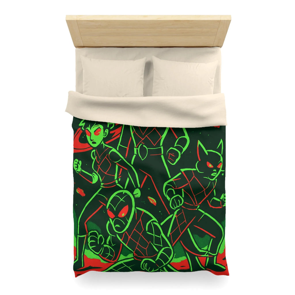 Housse de Couette Espace Vert Fluo Avec Quatre Héros En Pleine Action Rouge Noir