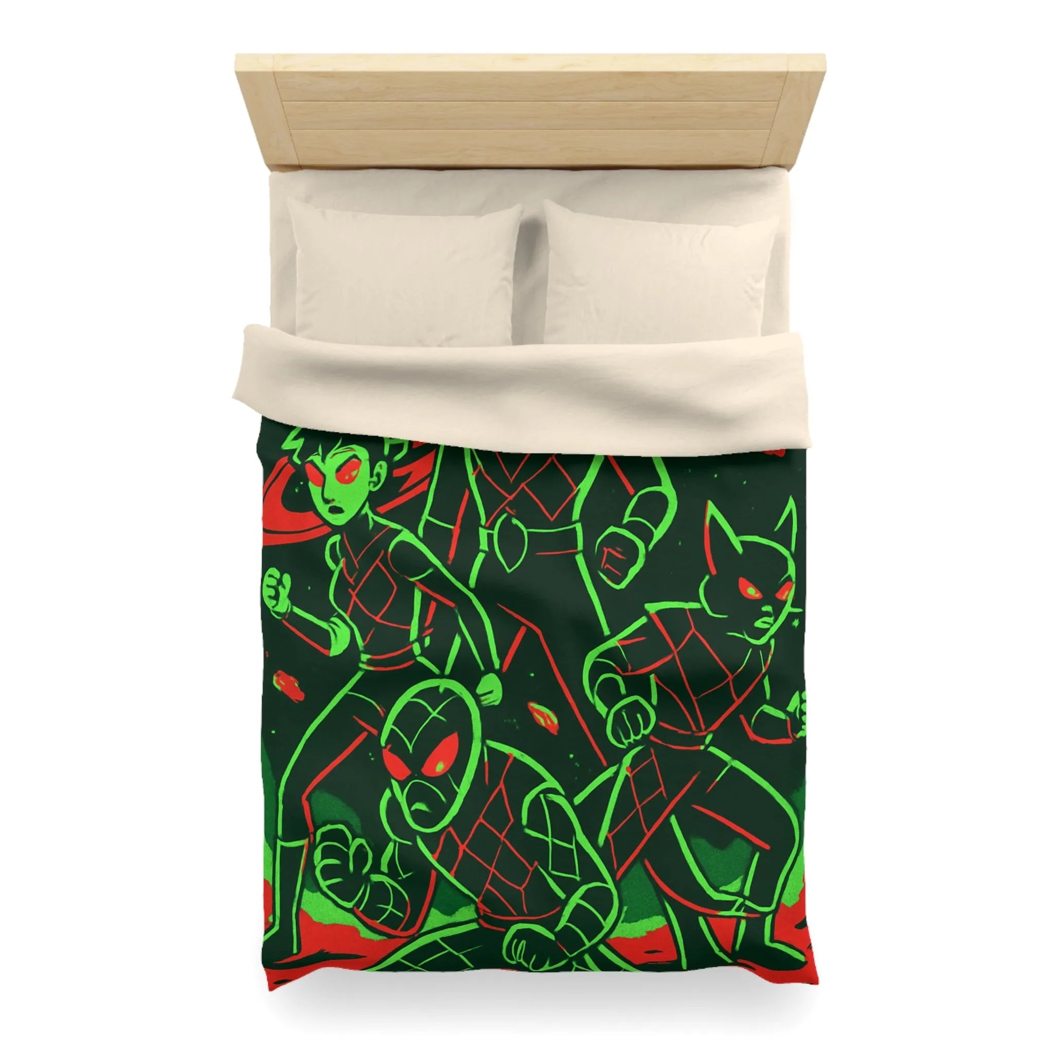 Housse de Couette Espace Vert Fluo Avec Quatre Héros En Pleine Action Rouge Noir