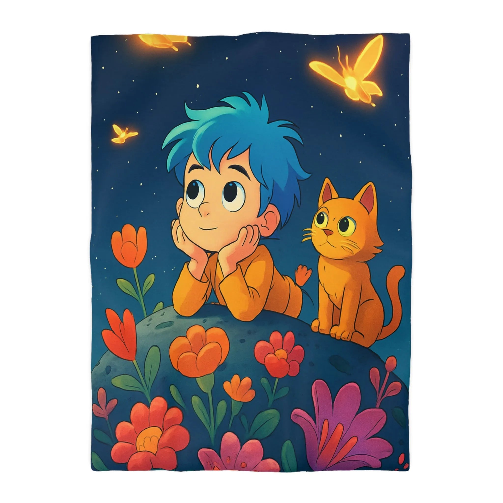 Housse de Couette Enfant Émerveillé Observant Papillons Lumineux sous Ciel Étoilé