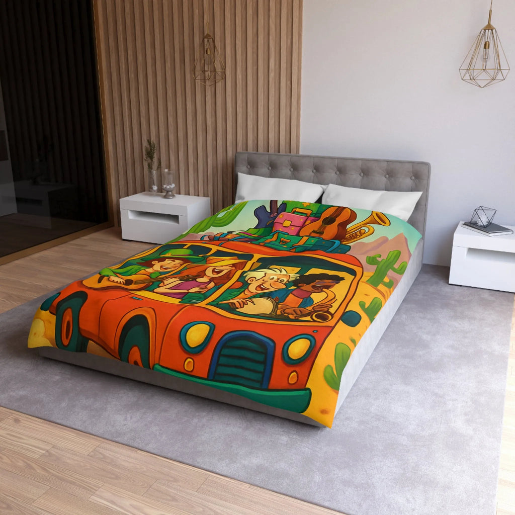 Housse de couette colorée avec paysage désertique, cactus et van musical joyeux