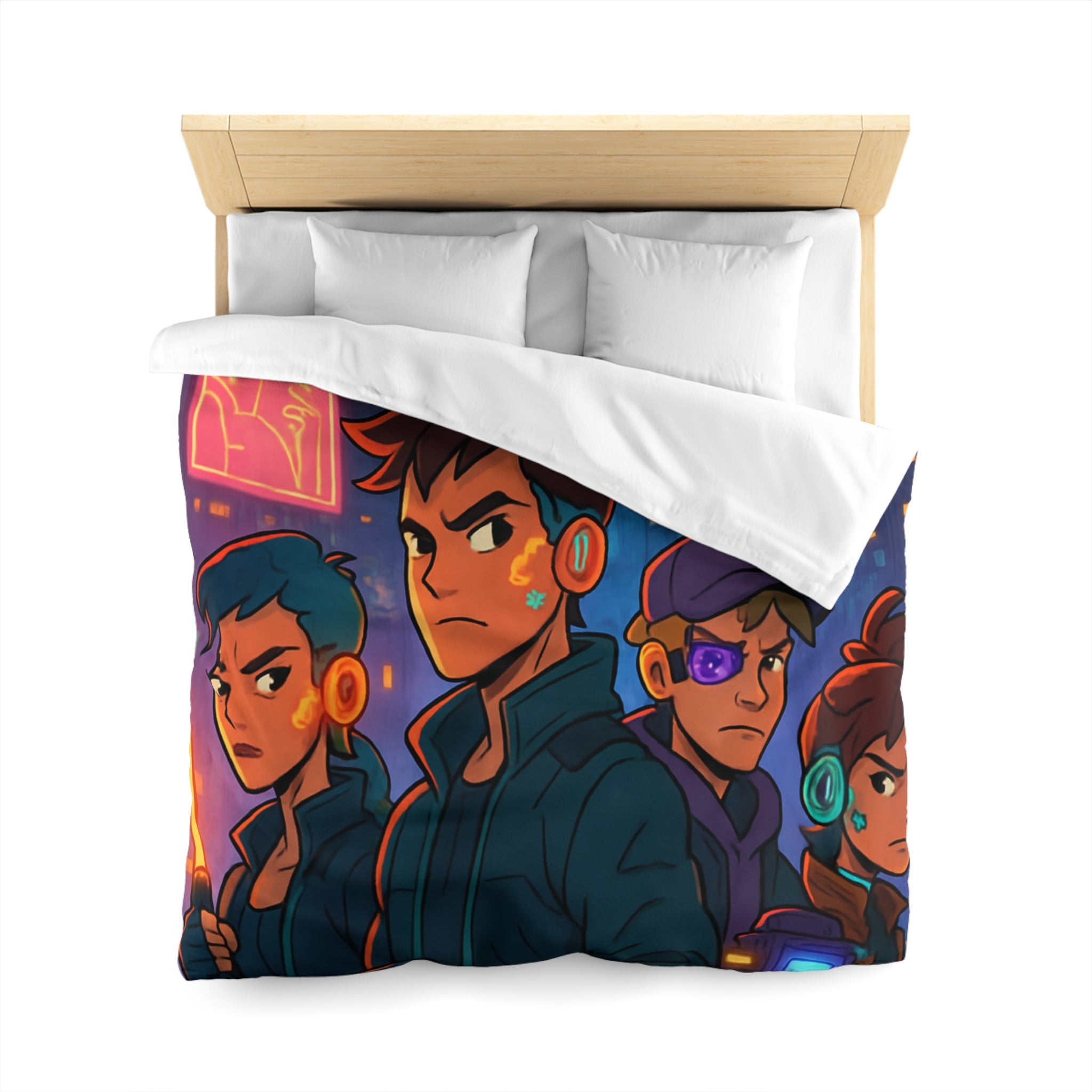 Housse de couette style rétro futuriste avec scène urbaine néon et personnages cyberpunk