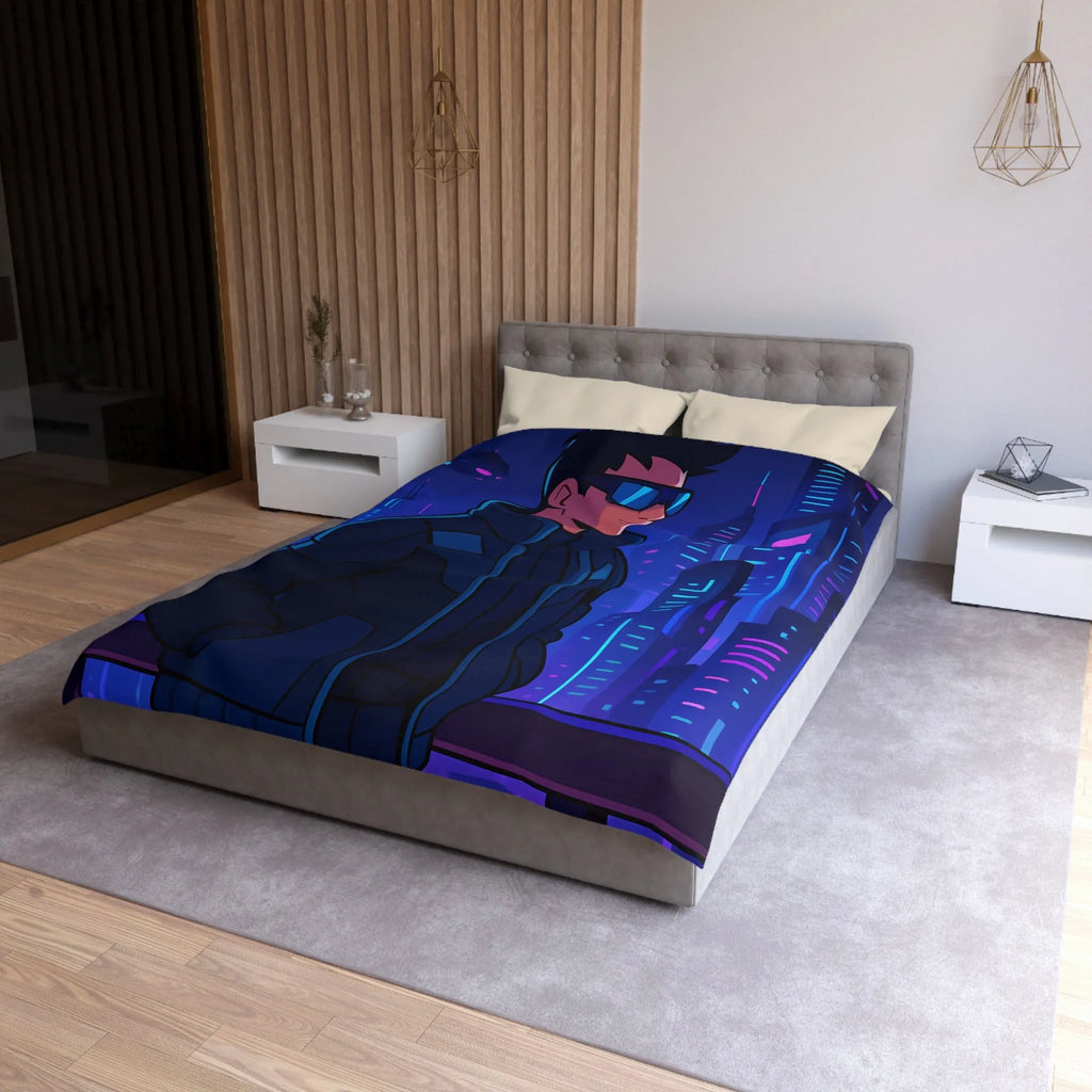 Futuriste Housse de Couette avec Ville Brillante et Homme Élégant en Lunettes