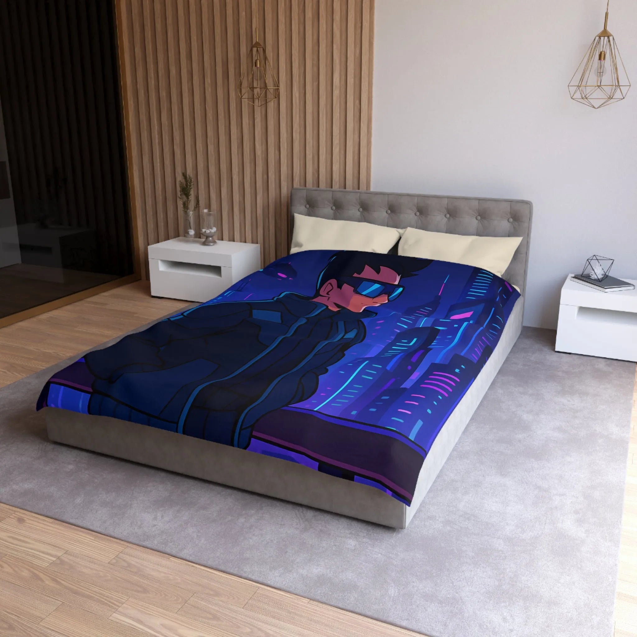 Futuriste Housse de Couette avec Ville Brillante et Homme Élégant en Lunettes