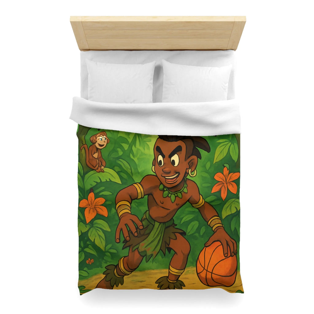 Housse de couette jungle avec garçon joueur de basket et animaux exotiques colorés