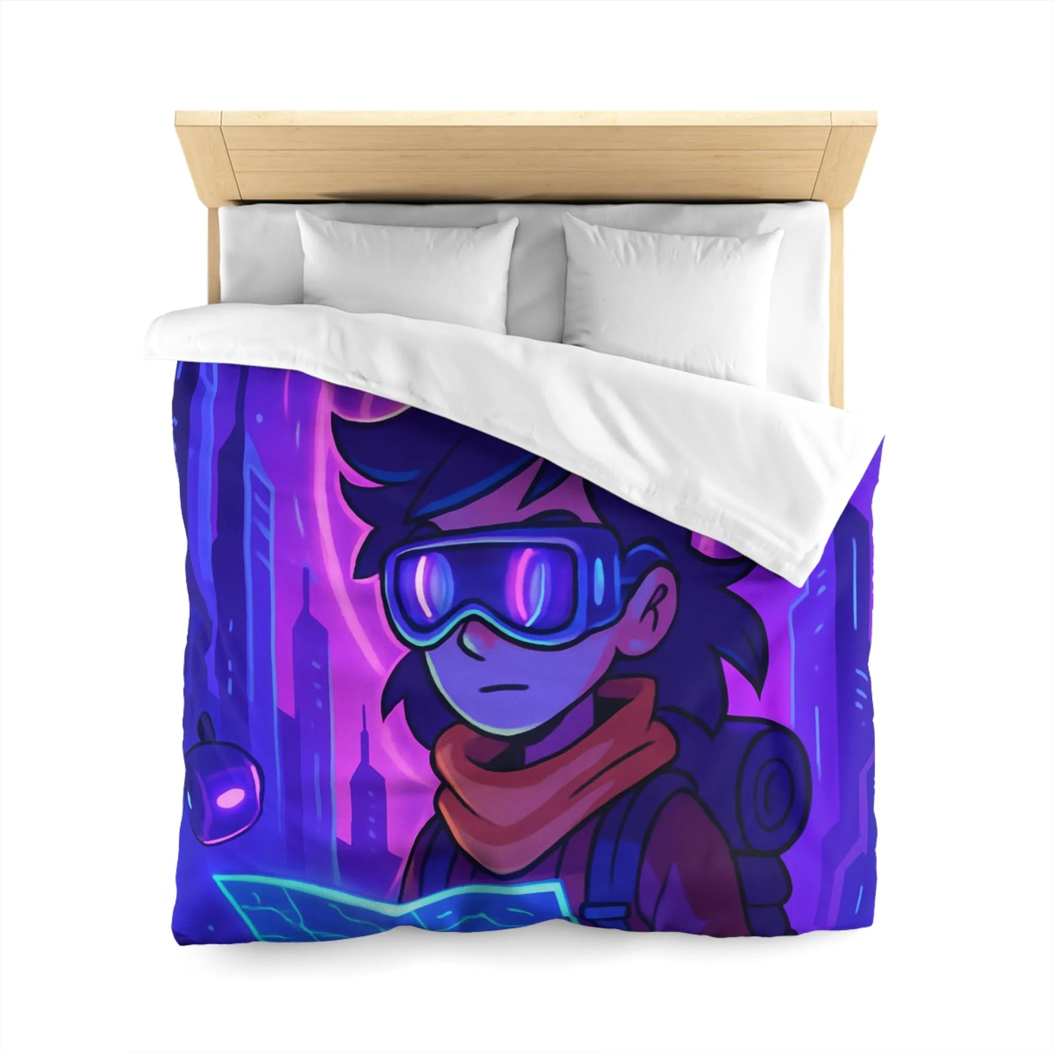 Housse de couette bleue violette style futuriste avec personnage et carte néon