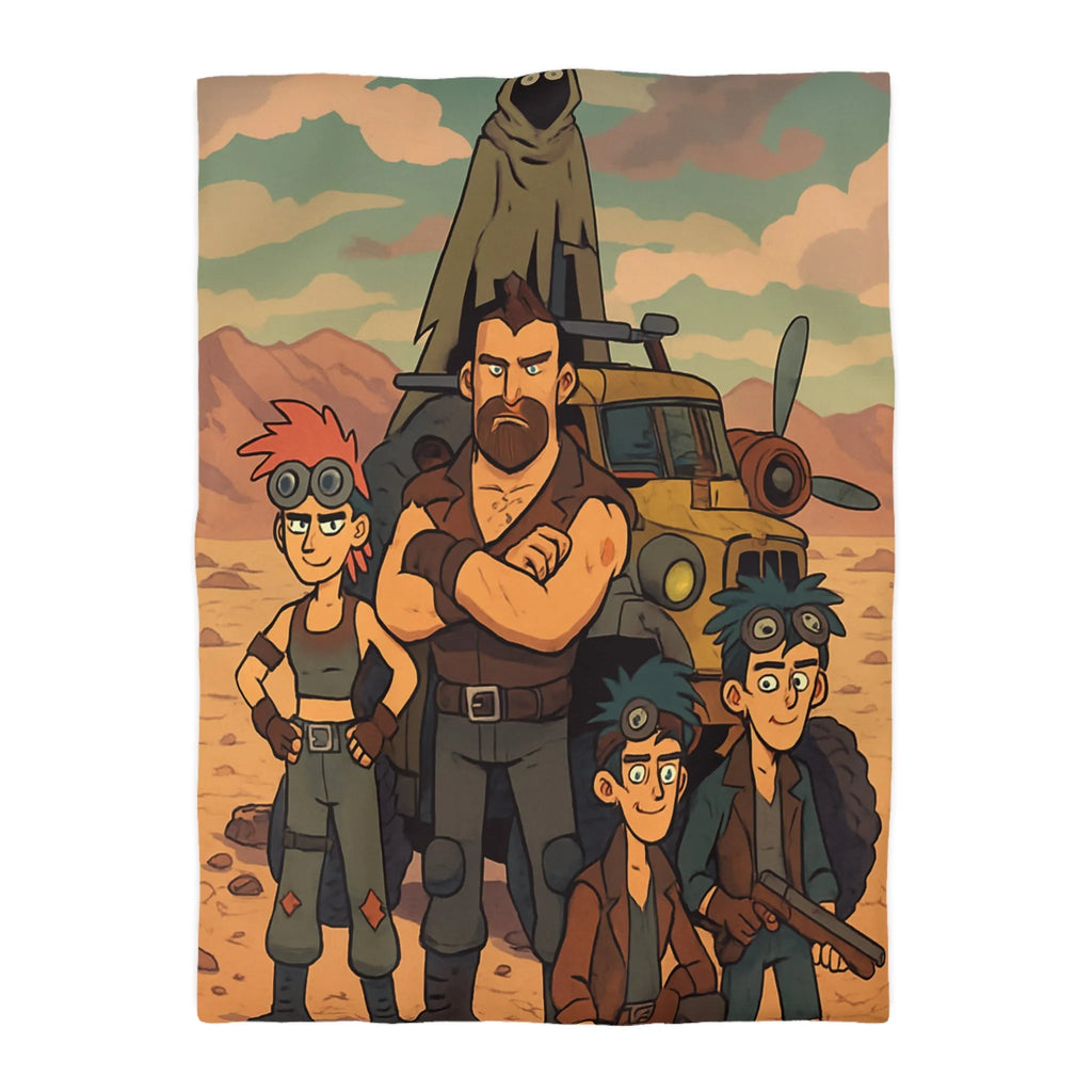 Housse de couette aventure désertique avec personnages et véhicule, style post-apocalyptique