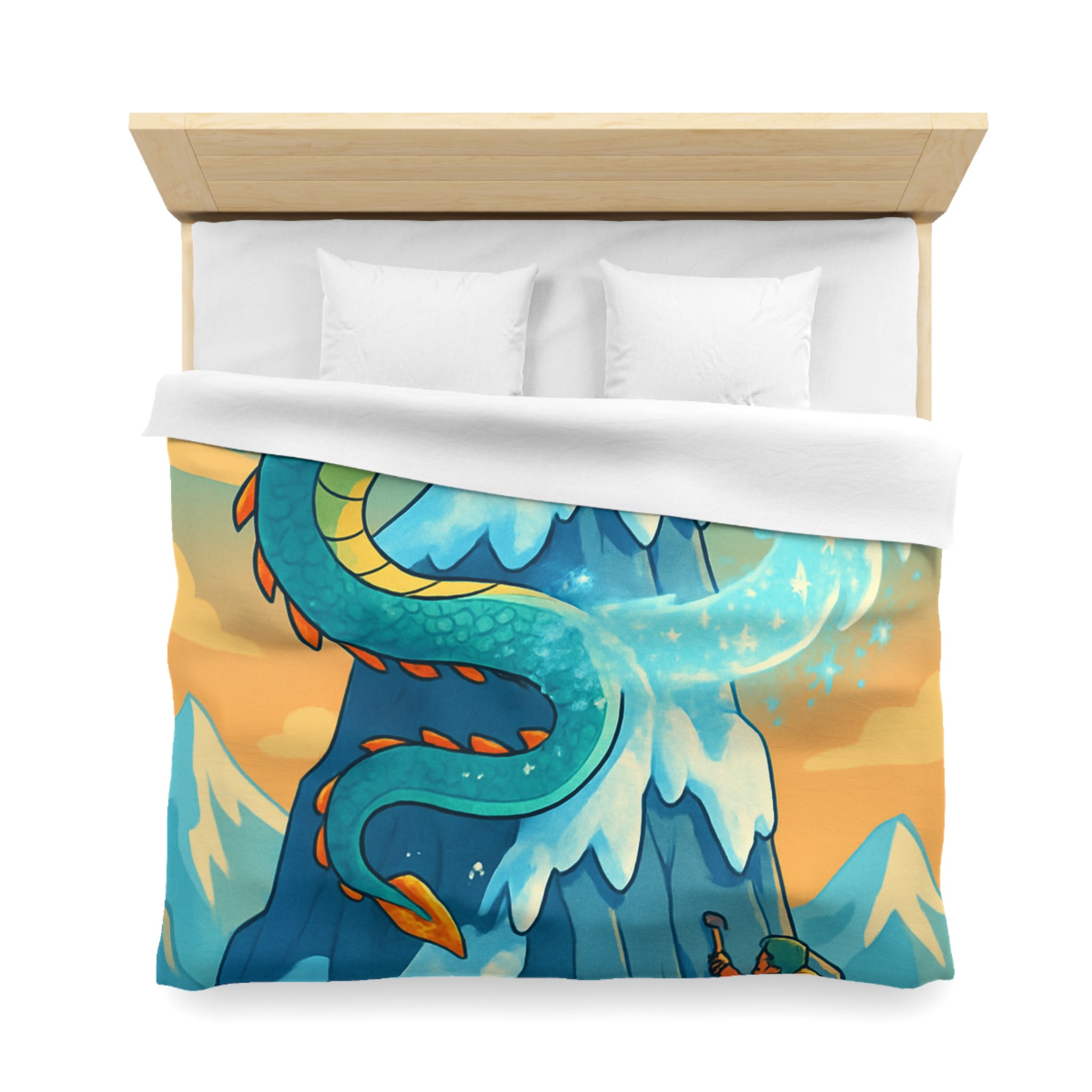 Montagne enneigée gardée par un dragon crachant de la glace, aventure épique illustrée