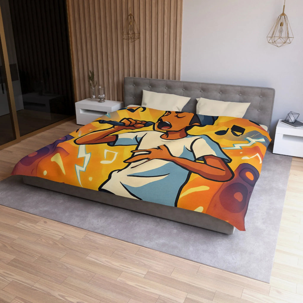 Housse de couette ambiance concert urbain avec chanteur et éclairs musicaux colorés