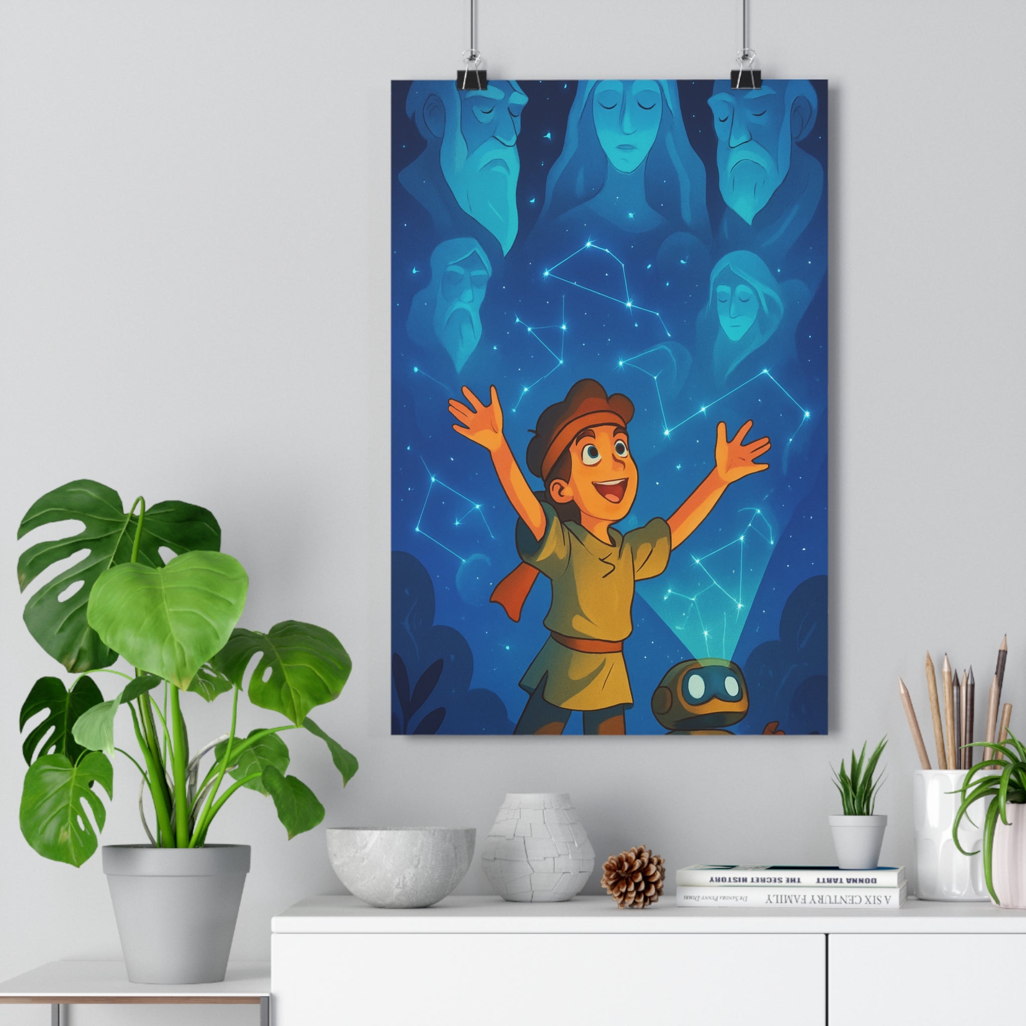Poster décoratif cartoon bleu rêveur mystique enfant aventure chambre ciel étoilé robot joyeux aquarelle