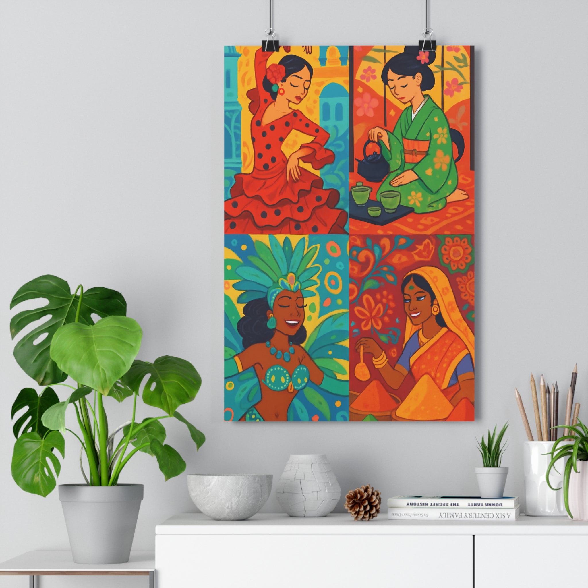 Poster décoratif vibrant rouge vert orange cartoon joyeux salon chambre style dynamique illustration culturelle