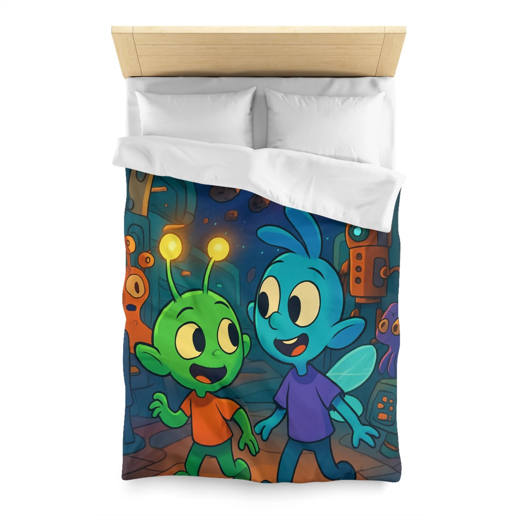 Housse de couette enfant extraterrestre bleu et vert dans vaisseau spatial coloré amusant