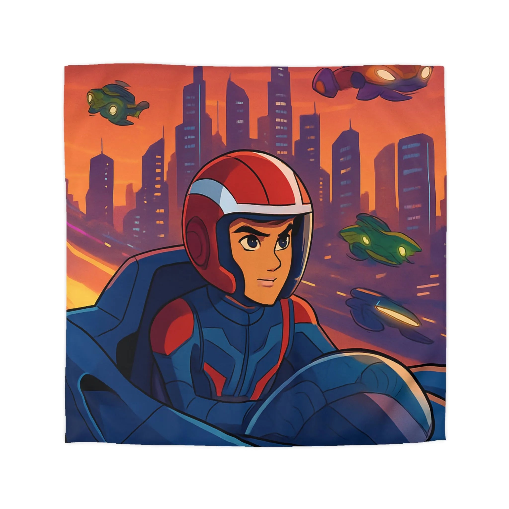 Housse de couette futuriste avec pilote de course et voitures volantes en ville
