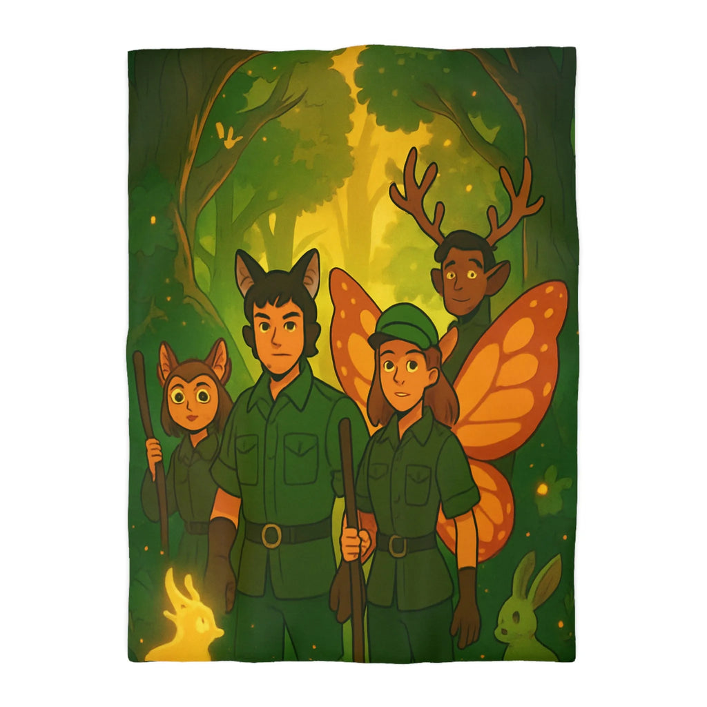 Housse de couette féerique avec gardiens de forêt, animaux magiques, ambiance verte et lumineuse